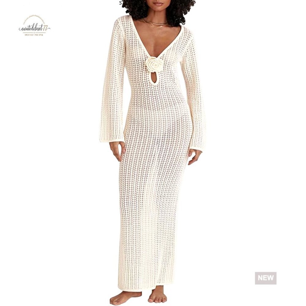 Large Knitted Swimsuit Cover Up Maxi Dress 3D Floral Hollow Out Open Back